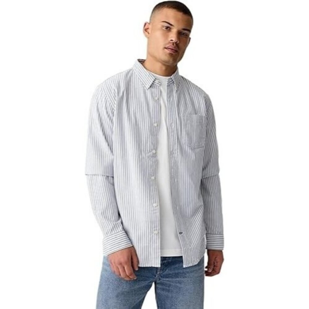 NEW Gap Mens L Blue/White Striped Long-Sleeve Button-Down Shirt 98% Cotton